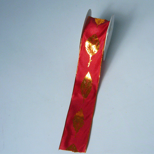JKM Gold Leaf Print Ribbon with Wire Edge - 1 1/2" Width